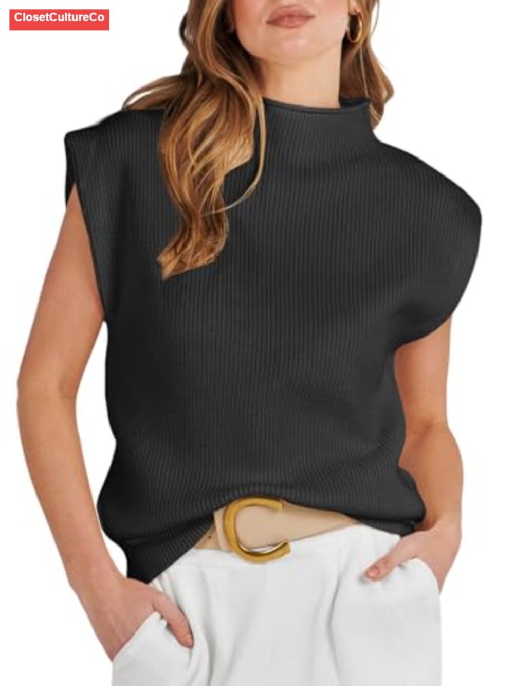 Mock Neck Sleeveless Knit Sweater Vest Business Casual Work Tops